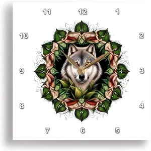 3dRose Wall Clock Silent - 13 inch - A Timber Wolf Surrounded by Ladys Slipper Minnesota State Tattoo Art - Vector Art - Minnesota Mammal Flower