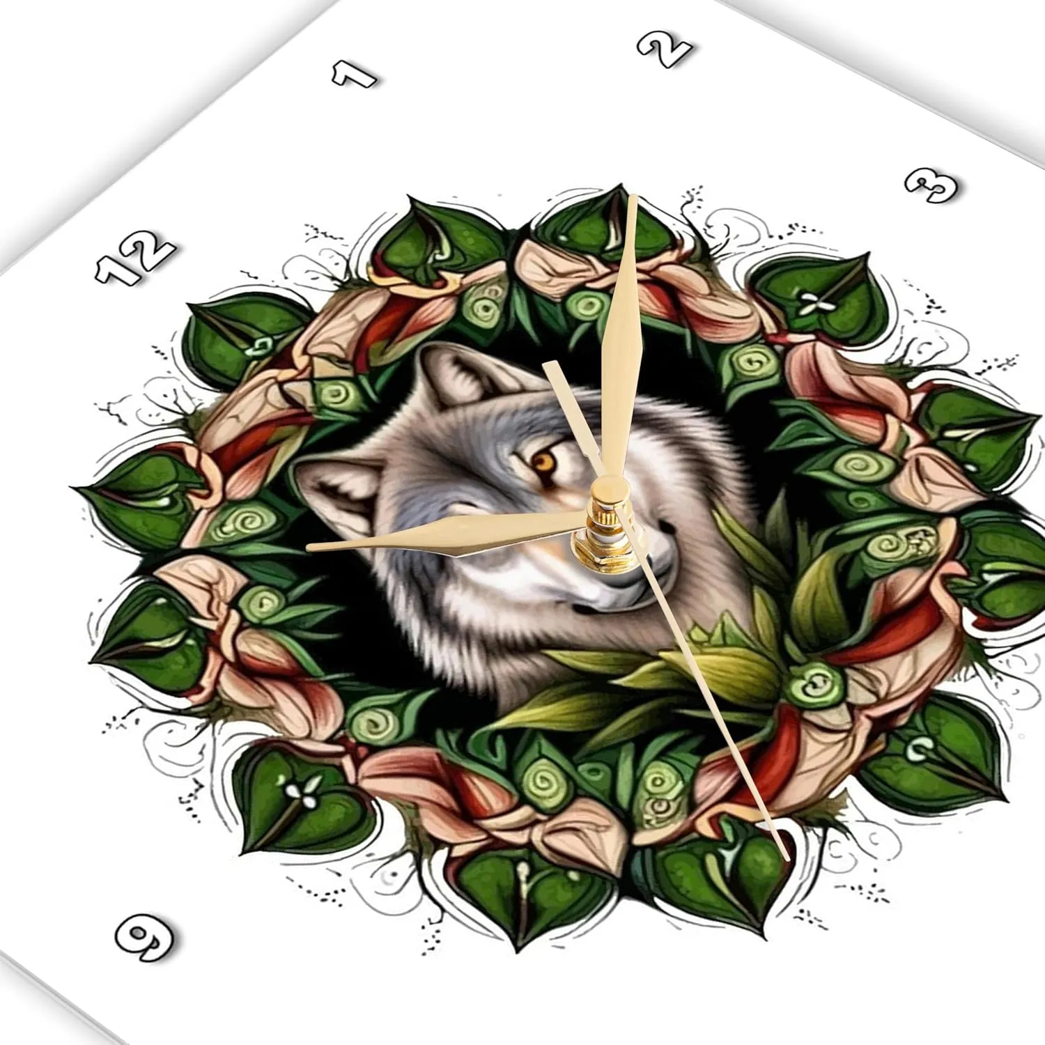 3dRose Wall Clock Silent - 13 inch - A Timber Wolf Surrounded by Ladys Slipper Minnesota State Tattoo Art - Vector Art - Minnesota Mammal Flower