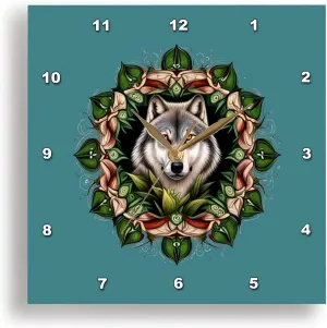 3dRose Wall Clock Silent - 13 inch - A Timber Wolf Surrounded by Ladys Slipper Minnesota State Tattoo Art - Vector Art - Minnesota Mammal Flower