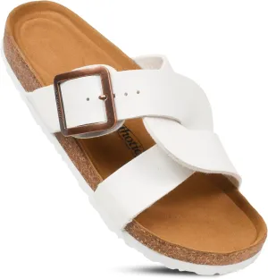 AEROTHOTIC Cork Recovery Slides for Women with Plantar Fasciitis Relief Comfortable Suede Footbed with Adjustable Buckle Cross Strappy Slip on Casual Travel Walking Beach Ladies Sandals