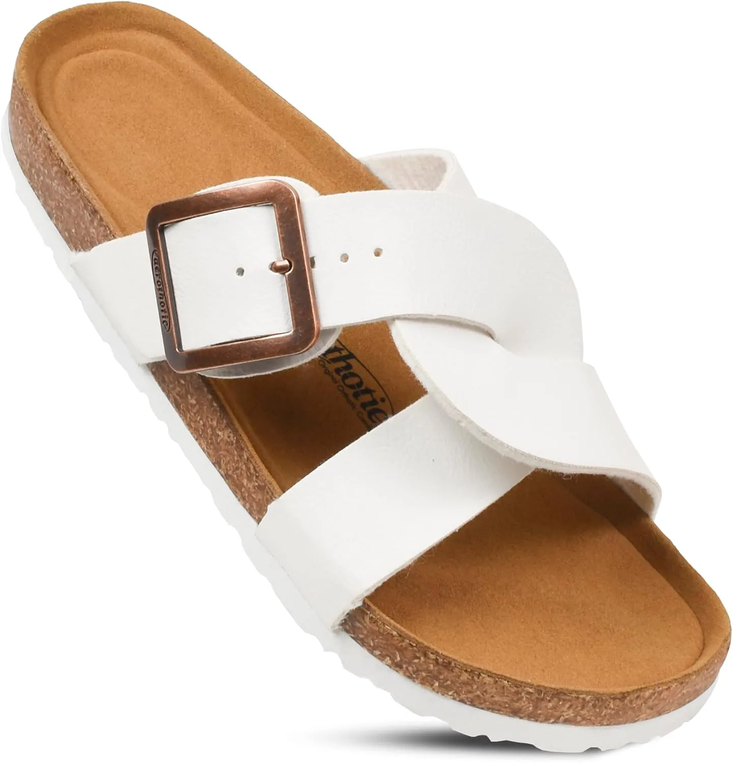 AEROTHOTIC Cork Recovery Slides for Women with Plantar Fasciitis Relief Comfortable Suede Footbed with Adjustable Buckle Cross Strappy Slip on Casual Travel Walking Beach Ladies Sandals