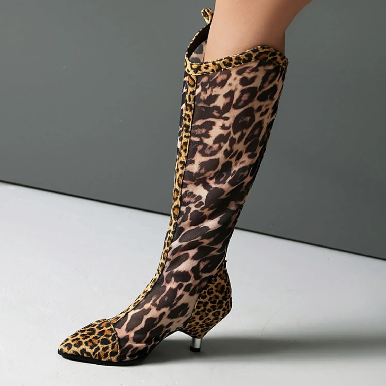 Aflngle Women's Mesh Leopard Knee High Sandals Sexy Pointed Closed Toe Patchwork Back Zipper Summer Breathable Stiletto Heel Sandal Shoes