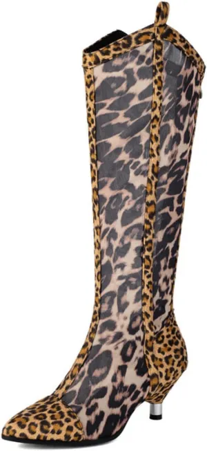 Aflngle Women's Mesh Leopard Knee High Sandals Sexy Pointed Closed Toe Patchwork Back Zipper Summer Breathable Stiletto Heel Sandal Shoes