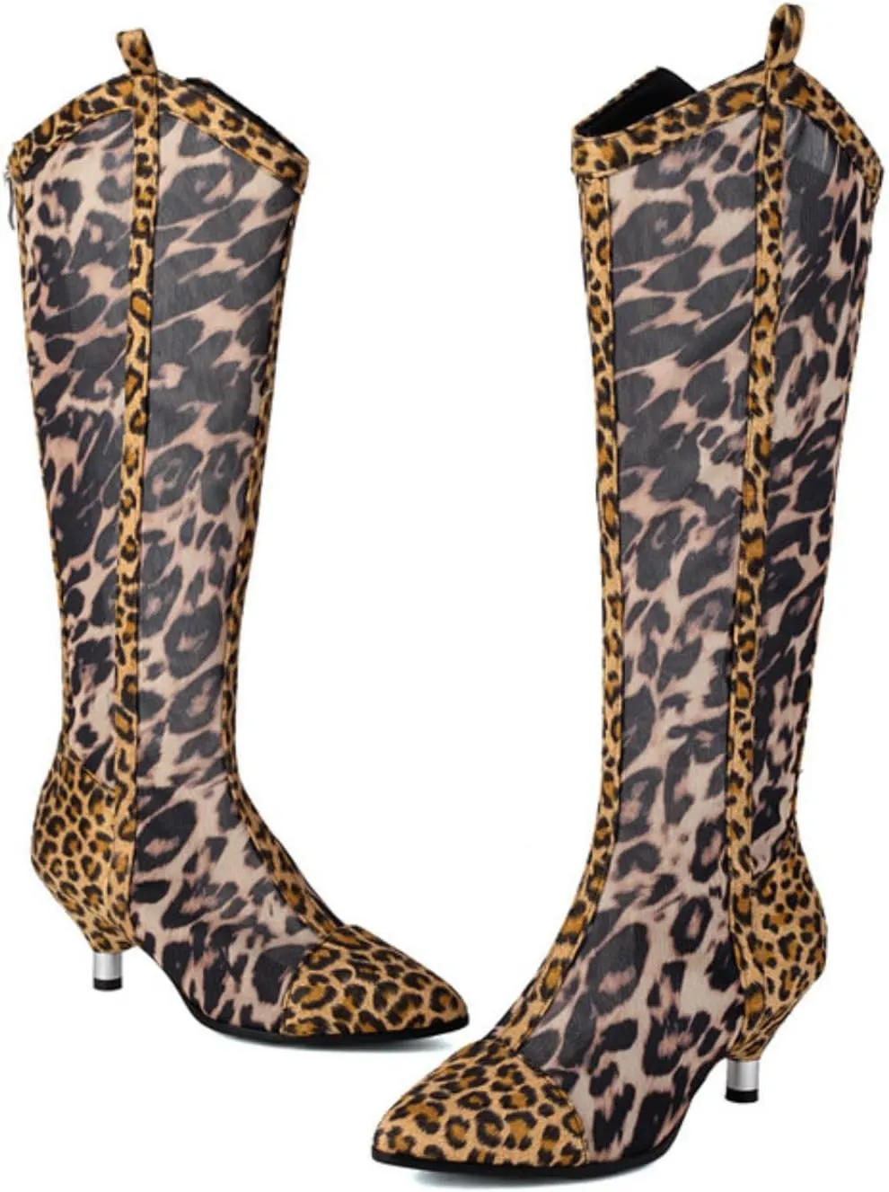 Aflngle Women's Mesh Leopard Knee High Sandals Sexy Pointed Closed Toe Patchwork Back Zipper Summer Breathable Stiletto Heel Sandal Shoes