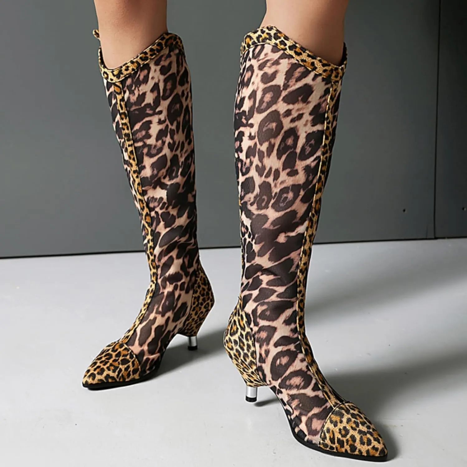 Aflngle Women's Mesh Leopard Knee High Sandals Sexy Pointed Closed Toe Patchwork Back Zipper Summer Breathable Stiletto Heel Sandal Shoes