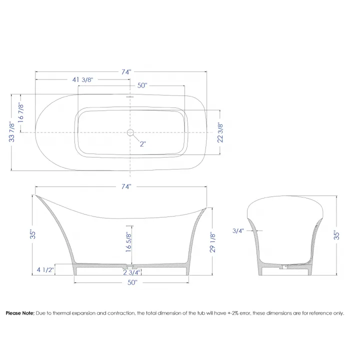 ALFI 74" White Solid Surface Smooth Resin Soaking Slipper Bathtub - AB9915