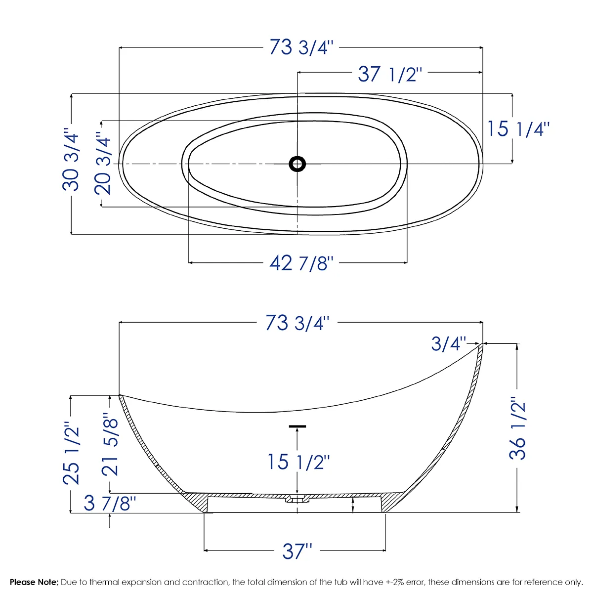 ALFI AB9951 Bathtub White Solid Surface Smooth Resin Soaking Slipper (73-inch)