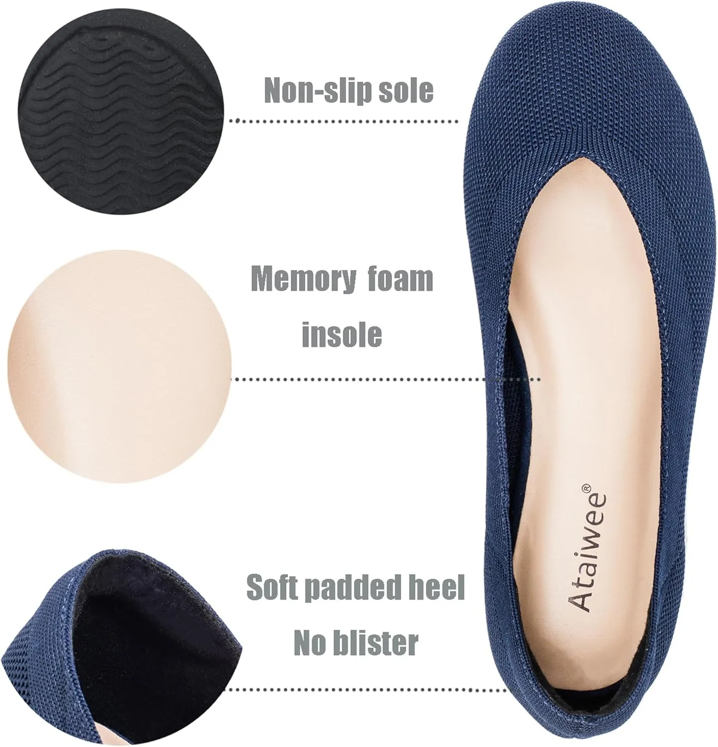 Ataiwee Women's Wide Width Flat Shoes - Fashion Dressy Knitted Soft Breathable Comfort Slip-On Ballet Flats.