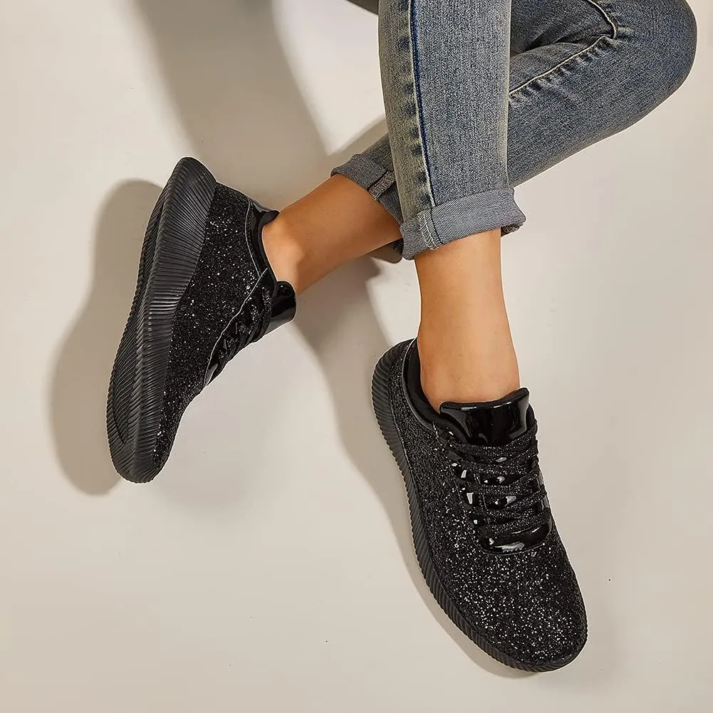 BELOS Women's Glitter Shoes Sparkly Lightweight Metallic Sequins Tennis Shoes Casual Retro Braided Walking Shoes