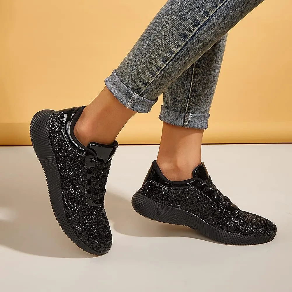 BELOS Women's Glitter Shoes Sparkly Lightweight Metallic Sequins Tennis Shoes Casual Retro Braided Walking Shoes