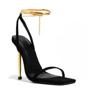 Black Gladiator Sandal with Gold High Heel