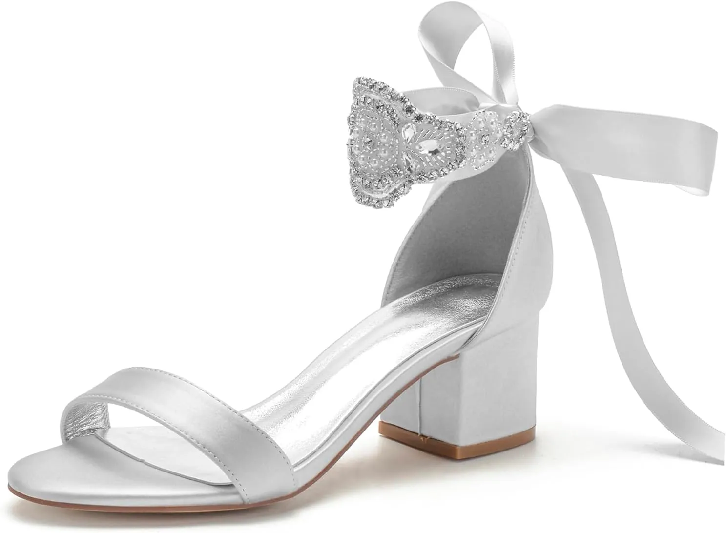 Block Heels Bride Wedding Pumps Bowknot Strap Bride Pumps Bridal Shoes Beaded Ankle Satin Sandals Open Toe Dress Evening Comfortable,Silver,8