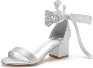 Block Heels Bride Wedding Pumps Bowknot Strap Bride Pumps Bridal Shoes Beaded Ankle Satin Sandals Open Toe Dress Evening Comfortable,Silver,8