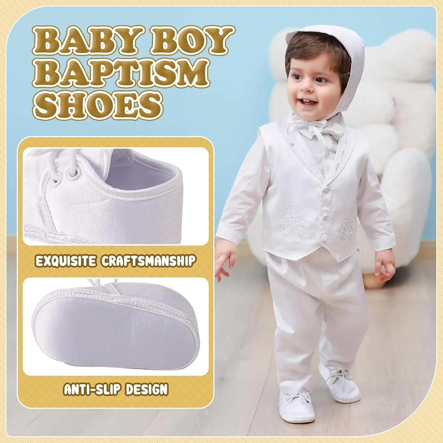 Booulfi Baby Boy Shoes Walking White Infant Newborn Shoes Booties Easter Baptism Christening Outfits Gifts for Boys Girls