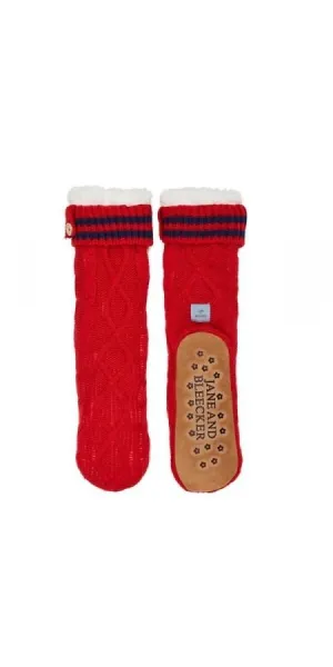 Cables Stripe Turncuff Wooden Trim Slipper Sock - Rosy Red