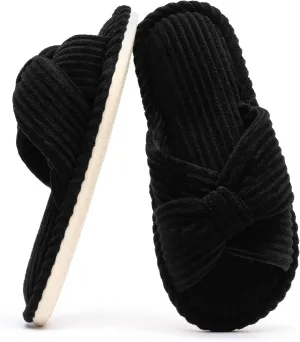 Chantomoo Slippers for Women Memory Foam House Womens Slipper Slides Home Bedroom Bathroom Spa Open Toe Corduroy Bow Slippers Cozy Comfortable