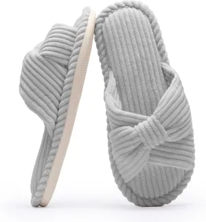 Chantomoo Slippers for Women Memory Foam House Womens Slipper Slides Home Bedroom Bathroom Spa Open Toe Corduroy Bow Slippers Cozy Comfortable