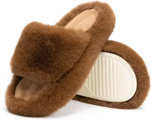 Chantomoo Women's Blue Memory Foam Faux Fur Lined Open Toe Slippers for Women - US 12