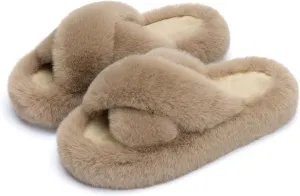 Chantomoo Women's Blue Memory Foam Faux Fur Lined Open Toe Slippers for Women - US 12