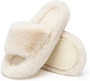 Chantomoo Women's Blue Memory Foam Faux Fur Lined Open Toe Slippers for Women - US 12