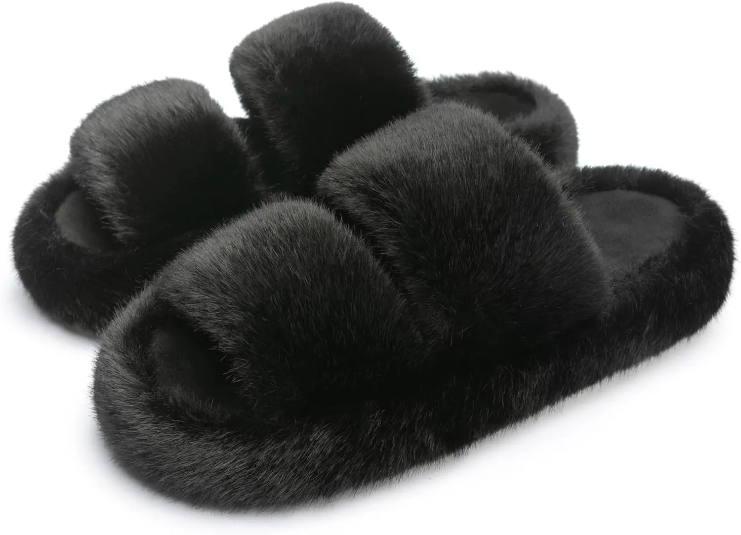 Chantomoo Women's Memory Foam Fuzzy Comfy Faux Fur House Shoes - Furry Bedroom Indoor Open Toe Slippers with Two Bands - Trendy Gift Slippers