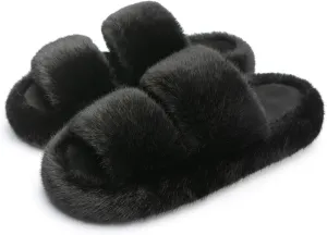 Chantomoo Women's Memory Foam Fuzzy Comfy Faux Fur House Shoes - Furry Bedroom Indoor Open Toe Slippers with Two Bands - Trendy Gift Slippers