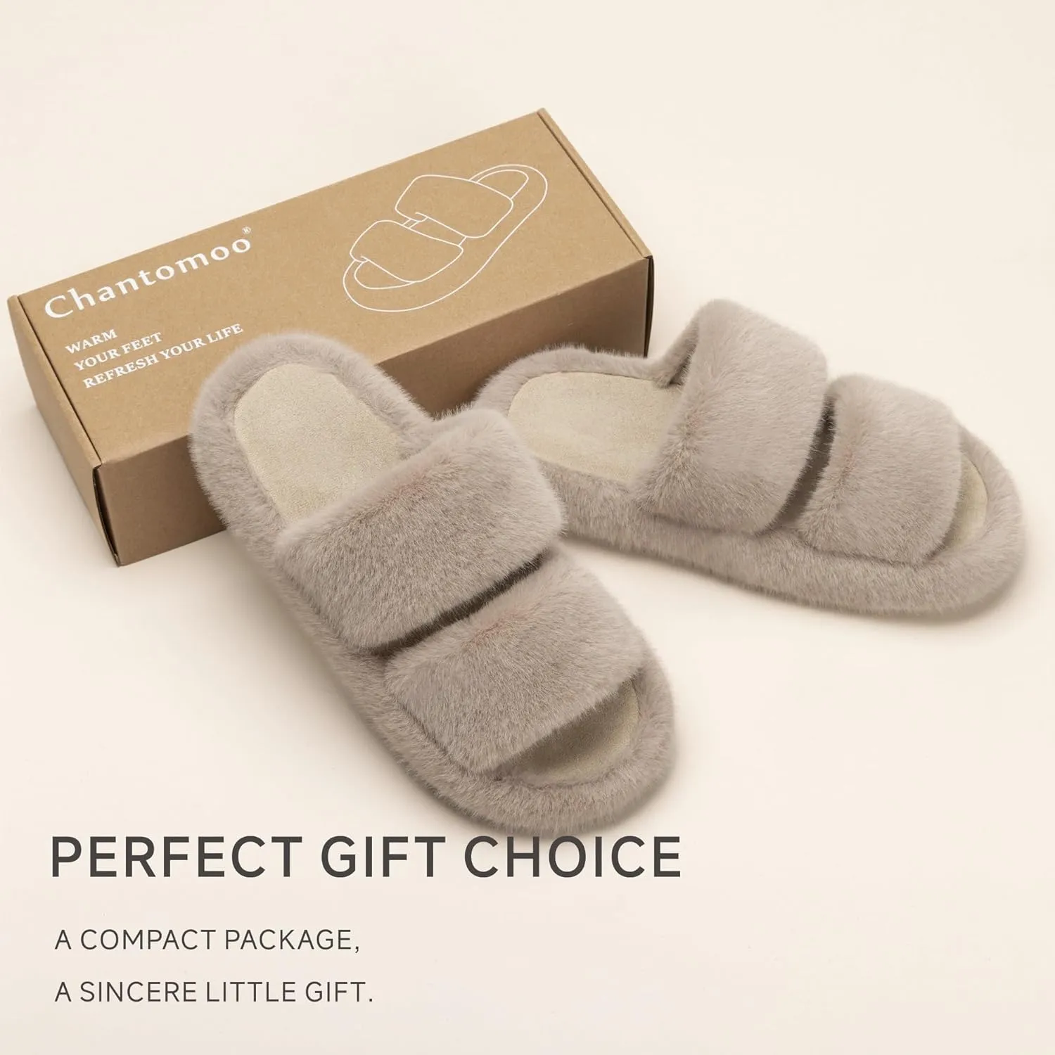 Chantomoo Women's Memory Foam Fuzzy Comfy Faux Fur House Shoes - Furry Bedroom Indoor Open Toe Slippers with Two Bands - Trendy Gift Slippers