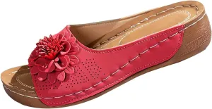 Chic Flower Sandals for Women Orthopedic Arch Support Leather Slippers Comfortable Non-Slip Solid Color Open-Toe Wedge Sandals Breathable Summer Orthotic Platform Wedge