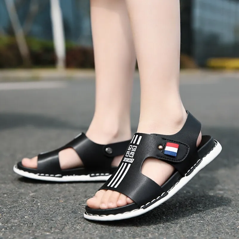 Children sandals fashion boys breathable leather outdoor slippers i