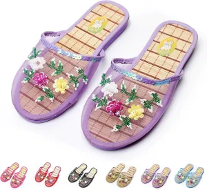 Chinese Slippers for Women, Mesh Bamboo Flats Floral Slippers, Breathable Home Comfort Chinese Style Sandal
