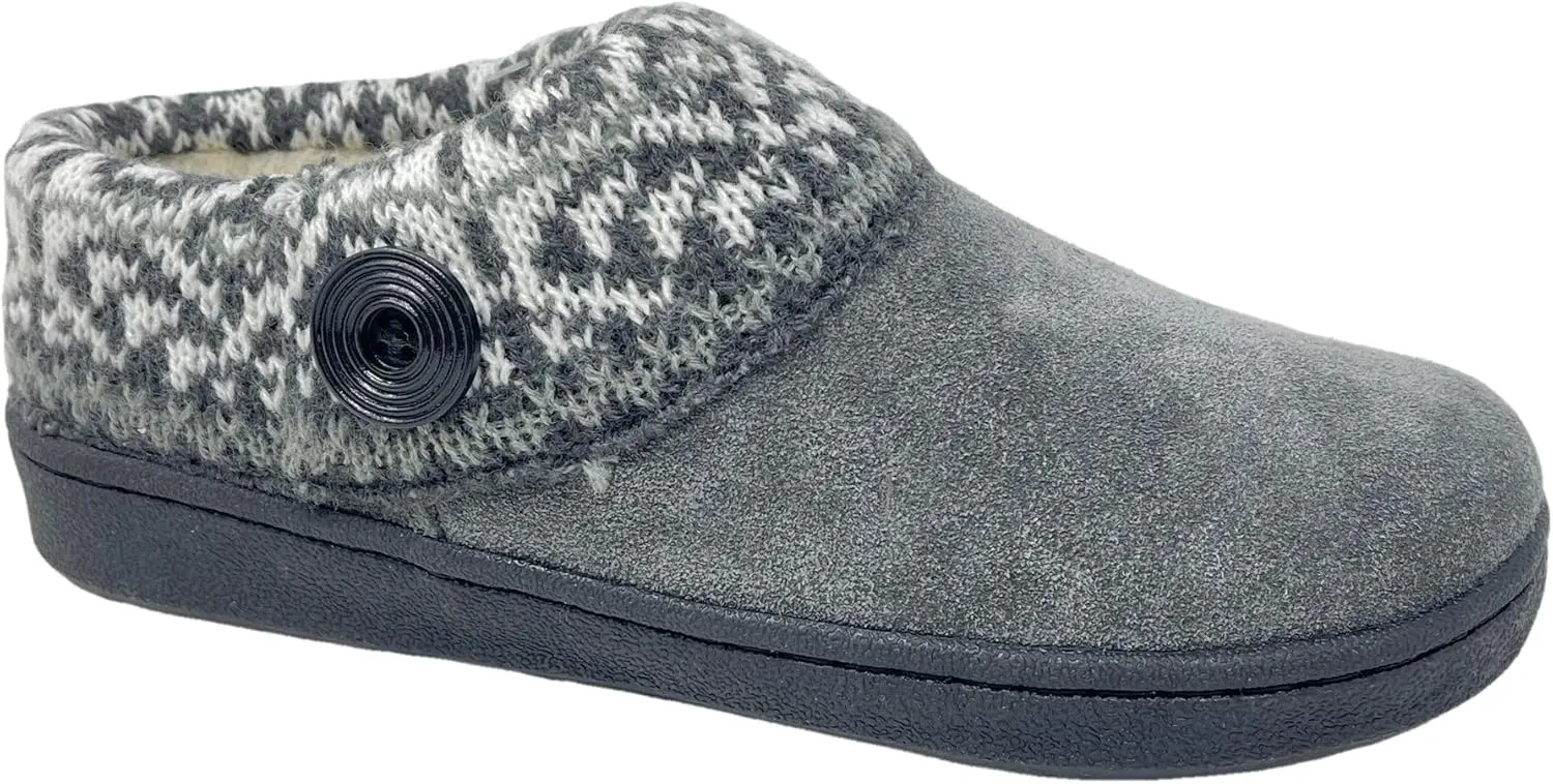 Clarks Womens Suede Leather Comfort Clog Knitted Collar Slipper - Plush Faux Fur Trim - Indoor Outdoor House Slippers For Women (7 M US, Grey/Grey Multi)