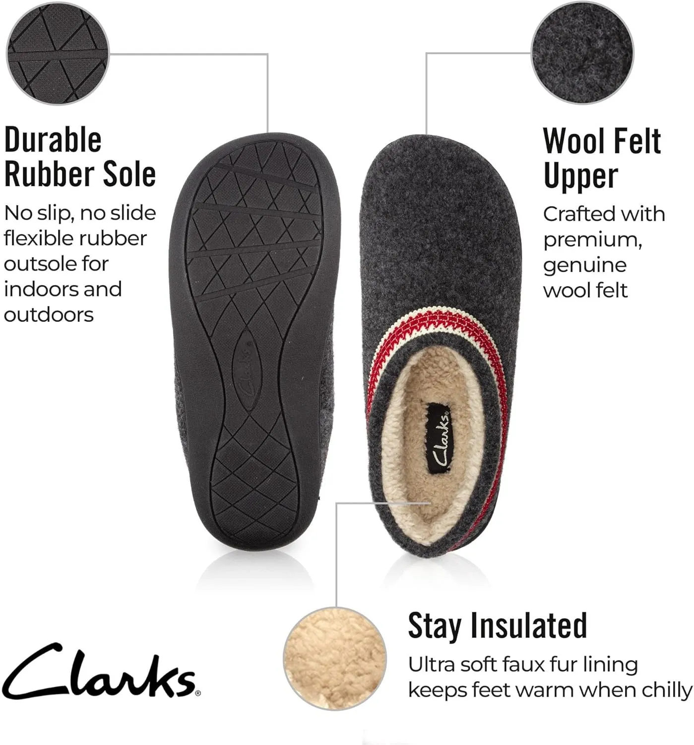 Clarks Womens Wool Felt Clog Slippers JMH1319T - Warm Cozy Plush Faux Fur Lined - Indoor Outdoor House Slipper for Women