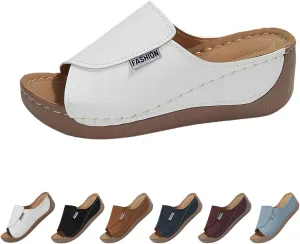Comfortable Arch Support Slides Women's Solid Color Sandals Breathable Summer Orthotic Leather Platform Wedge Sandals Slip on Women All Day Walking Casual Sandal