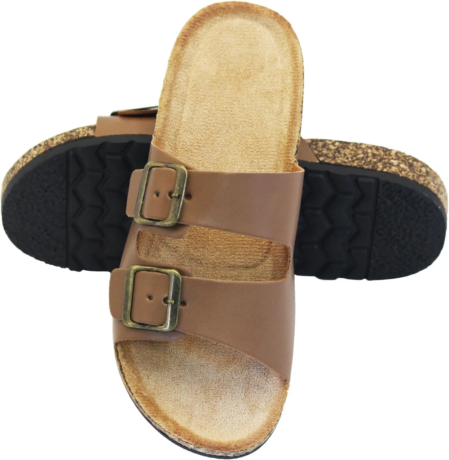 Cork Footbed Flat Slide Sandals for Women, Ladies Leather Slippers, Adjustable Buckle Memory Foam Beach Essentials Fashion Sandals Vacation Shoes Stylish Casual Footwear