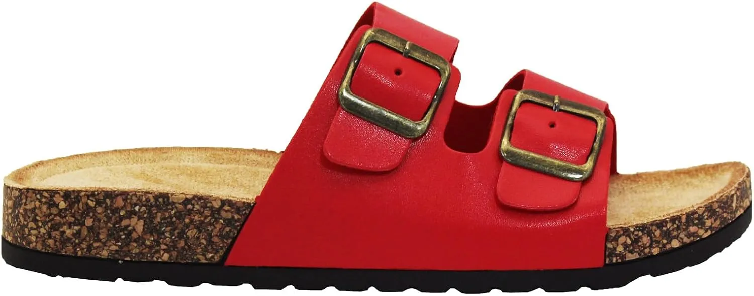 Cork Footbed Flat Slide Sandals for Women, Ladies Leather Slippers, Adjustable Buckle Memory Foam Beach Essentials Fashion Sandals Vacation Shoes Stylish Casual Footwear