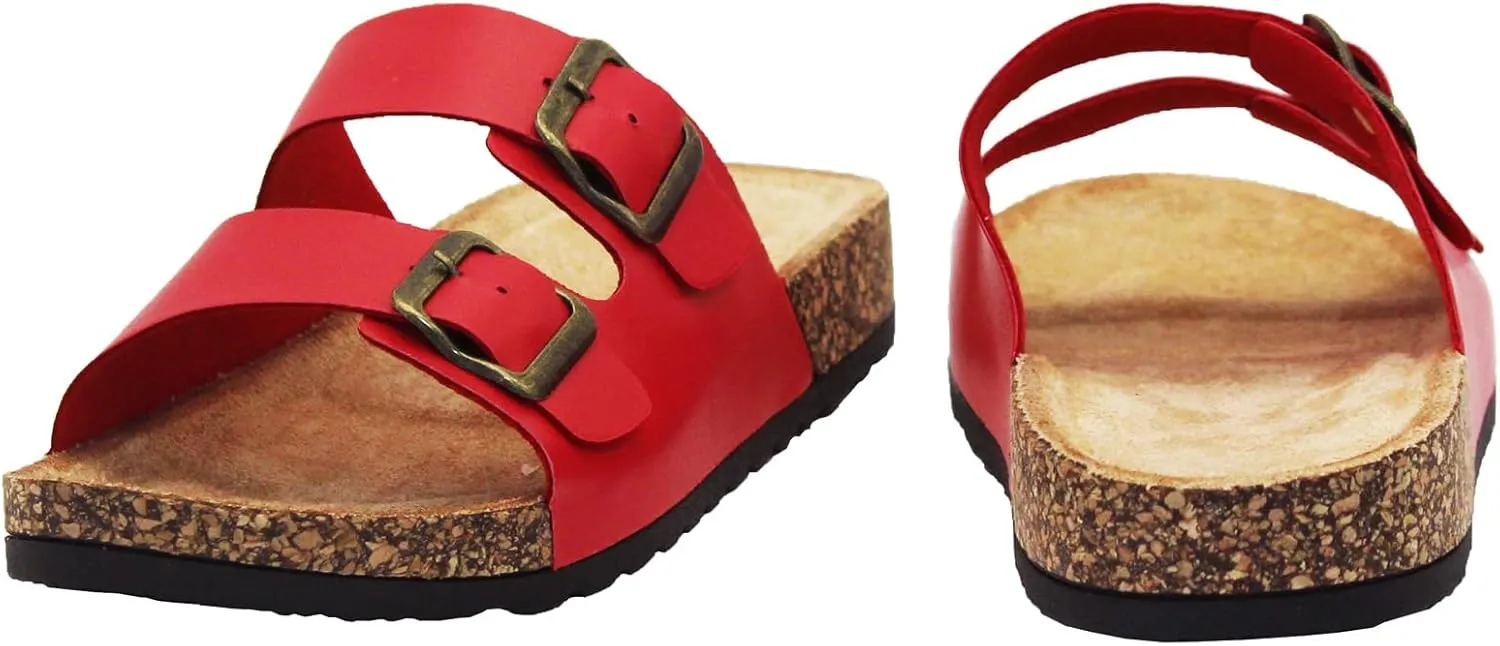 Cork Footbed Flat Slide Sandals for Women, Ladies Leather Slippers, Adjustable Buckle Memory Foam Beach Essentials Fashion Sandals Vacation Shoes Stylish Casual Footwear