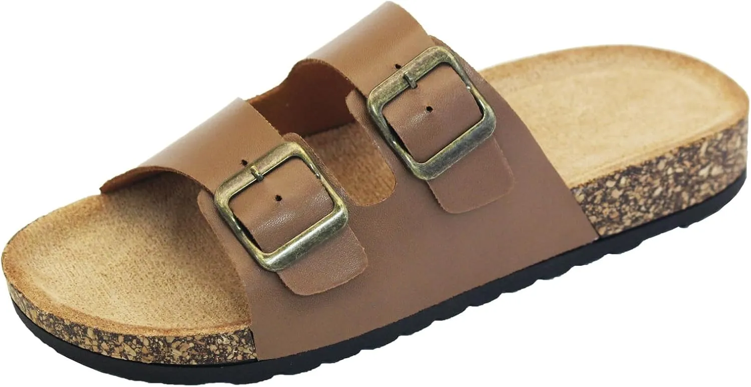 Cork Footbed Flat Slide Sandals for Women, Ladies Leather Slippers, Adjustable Buckle Memory Foam Beach Essentials Fashion Sandals Vacation Shoes Stylish Casual Footwear