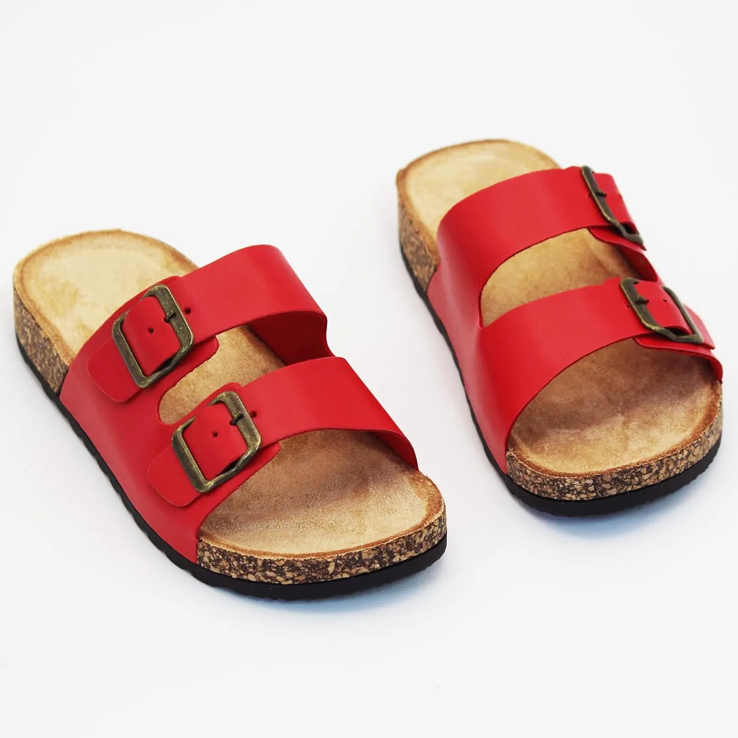 Cork Footbed Flat Slide Sandals for Women, Ladies Leather Slippers, Adjustable Buckle Memory Foam Beach Essentials Fashion Sandals Vacation Shoes Stylish Casual Footwear