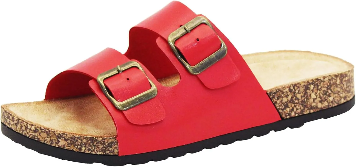Cork Footbed Flat Slide Sandals for Women, Ladies Leather Slippers, Adjustable Buckle Memory Foam Beach Essentials Fashion Sandals Vacation Shoes Stylish Casual Footwear