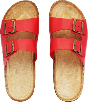 Cork Footbed Flat Slide Sandals for Women, Ladies Leather Slippers, Adjustable Buckle Memory Foam Beach Essentials Fashion Sandals Vacation Shoes Stylish Casual Footwear