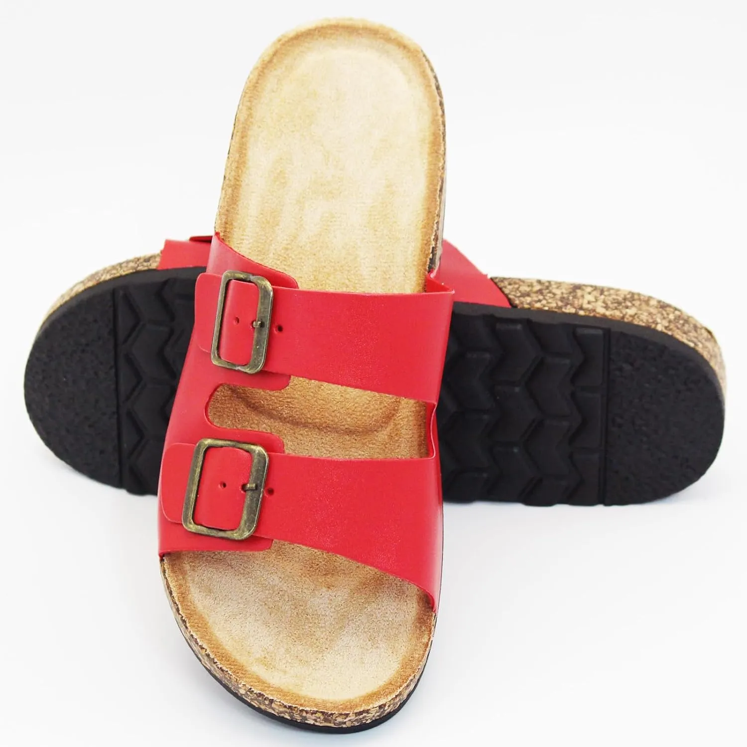 Cork Footbed Flat Slide Sandals for Women, Ladies Leather Slippers, Adjustable Buckle Memory Foam Beach Essentials Fashion Sandals Vacation Shoes Stylish Casual Footwear