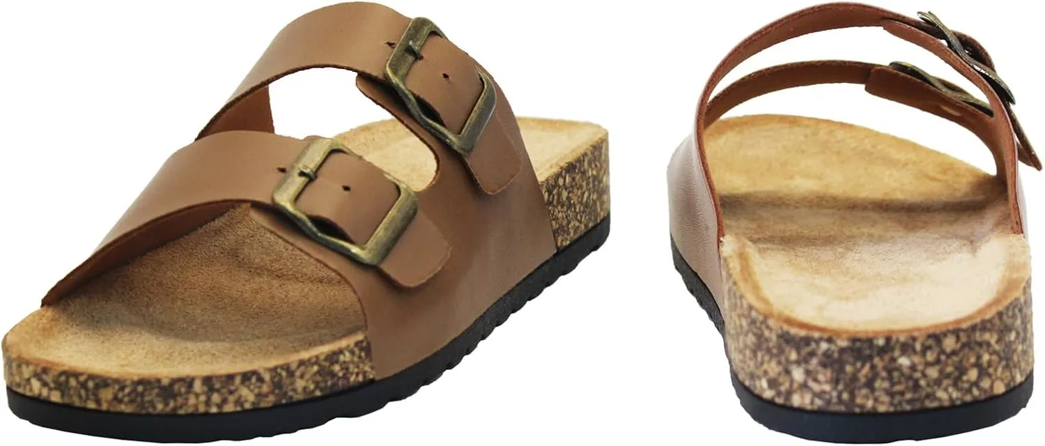Cork Footbed Flat Slide Sandals for Women, Ladies Leather Slippers, Adjustable Buckle Memory Foam Beach Essentials Fashion Sandals Vacation Shoes Stylish Casual Footwear