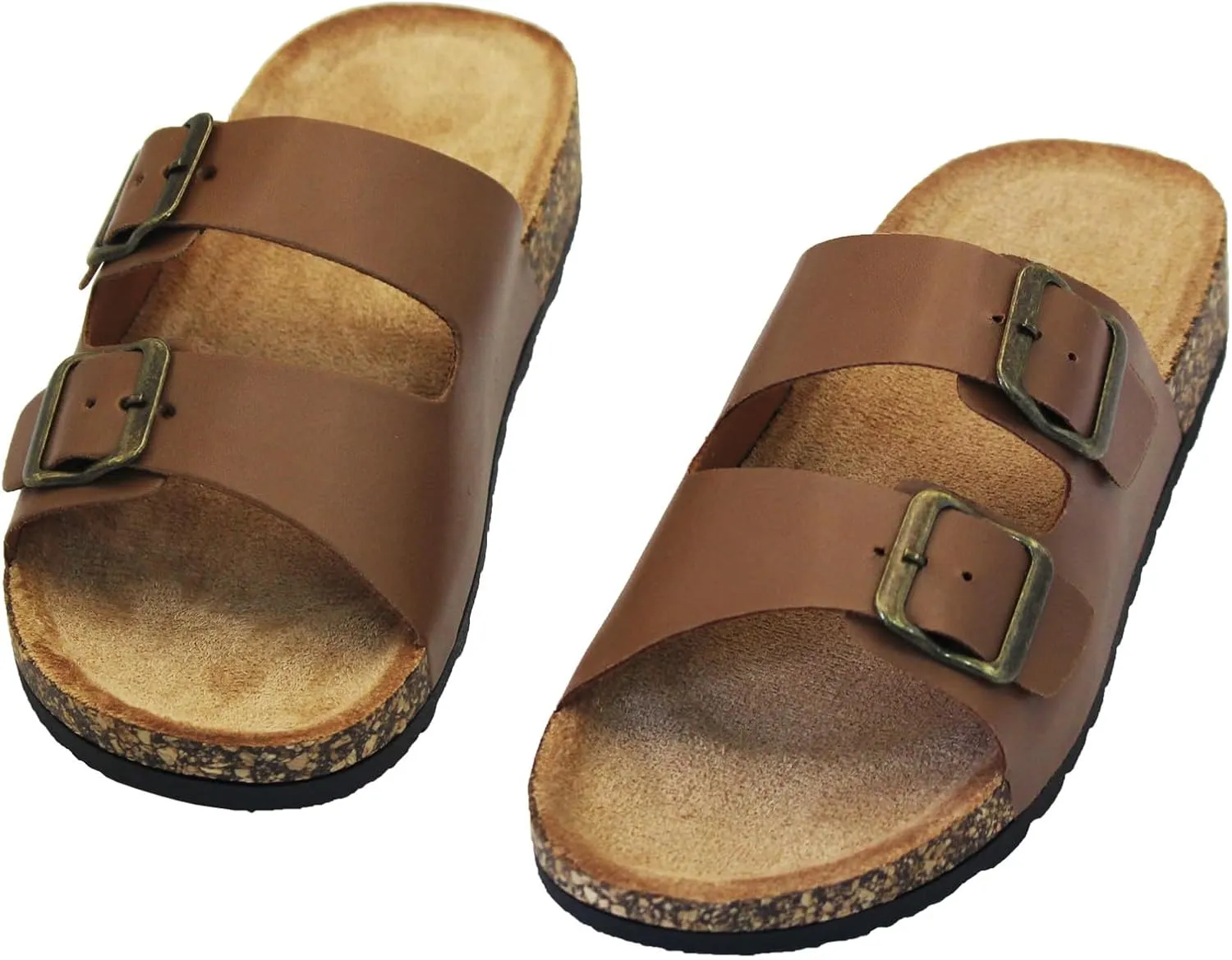 Cork Footbed Flat Slide Sandals for Women, Ladies Leather Slippers, Adjustable Buckle Memory Foam Beach Essentials Fashion Sandals Vacation Shoes Stylish Casual Footwear