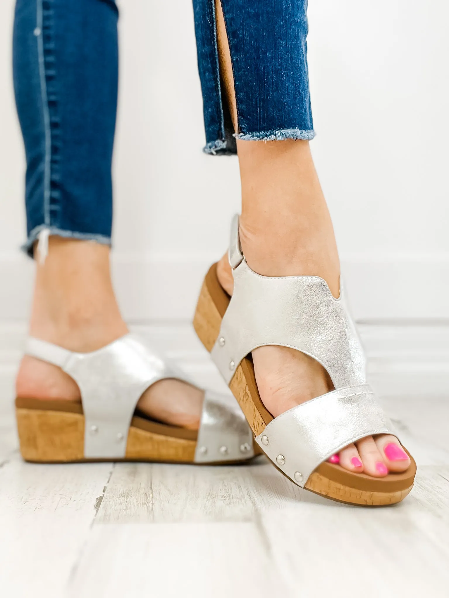Corkys Refreshing White Metallic Wedge Sandal