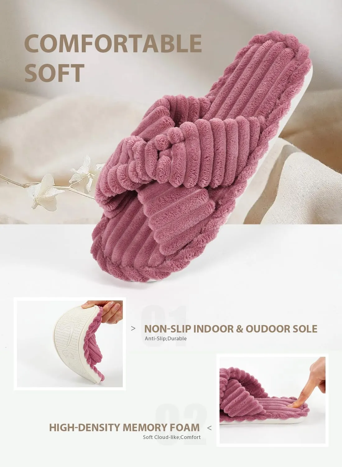 Cosy Pyro Slippers for Women House Bedroom Furry Cross Bands Slide Shoes Anti-Skid Sole Open Toe Slippers