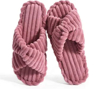 Cosy Pyro Slippers for Women House Bedroom Furry Cross Bands Slide Shoes Anti-Skid Sole Open Toe Slippers