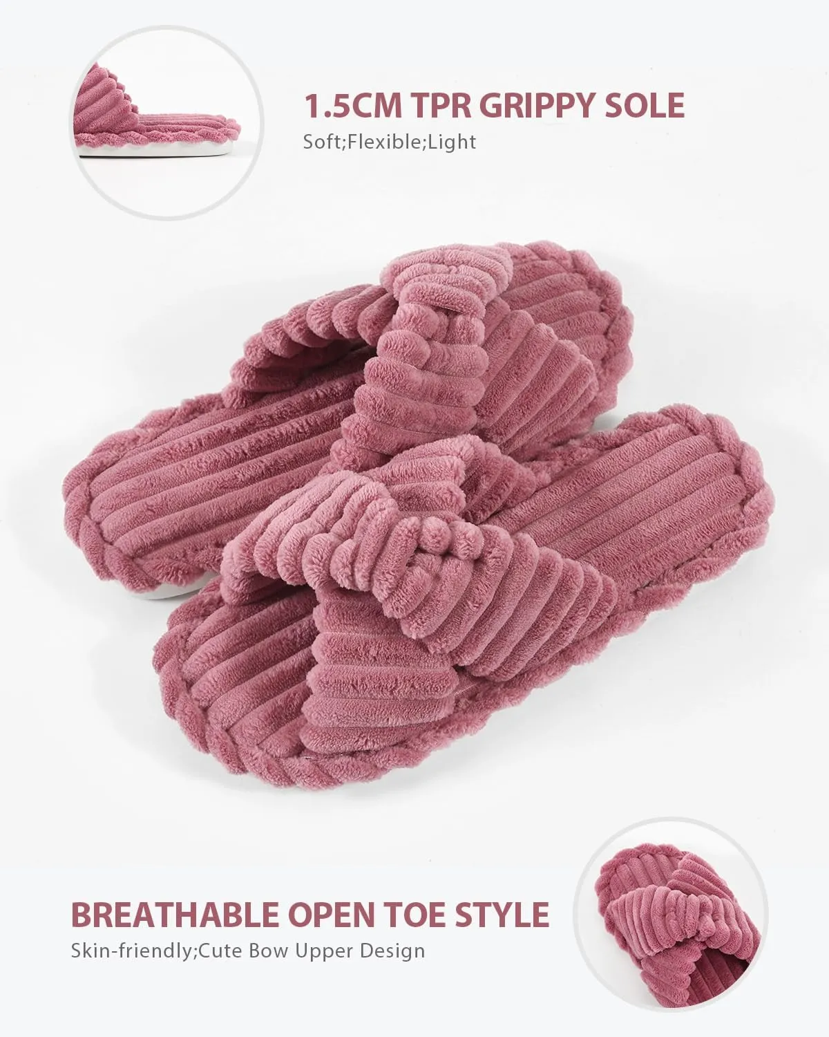 Cosy Pyro Slippers for Women House Bedroom Furry Cross Bands Slide Shoes Anti-Skid Sole Open Toe Slippers