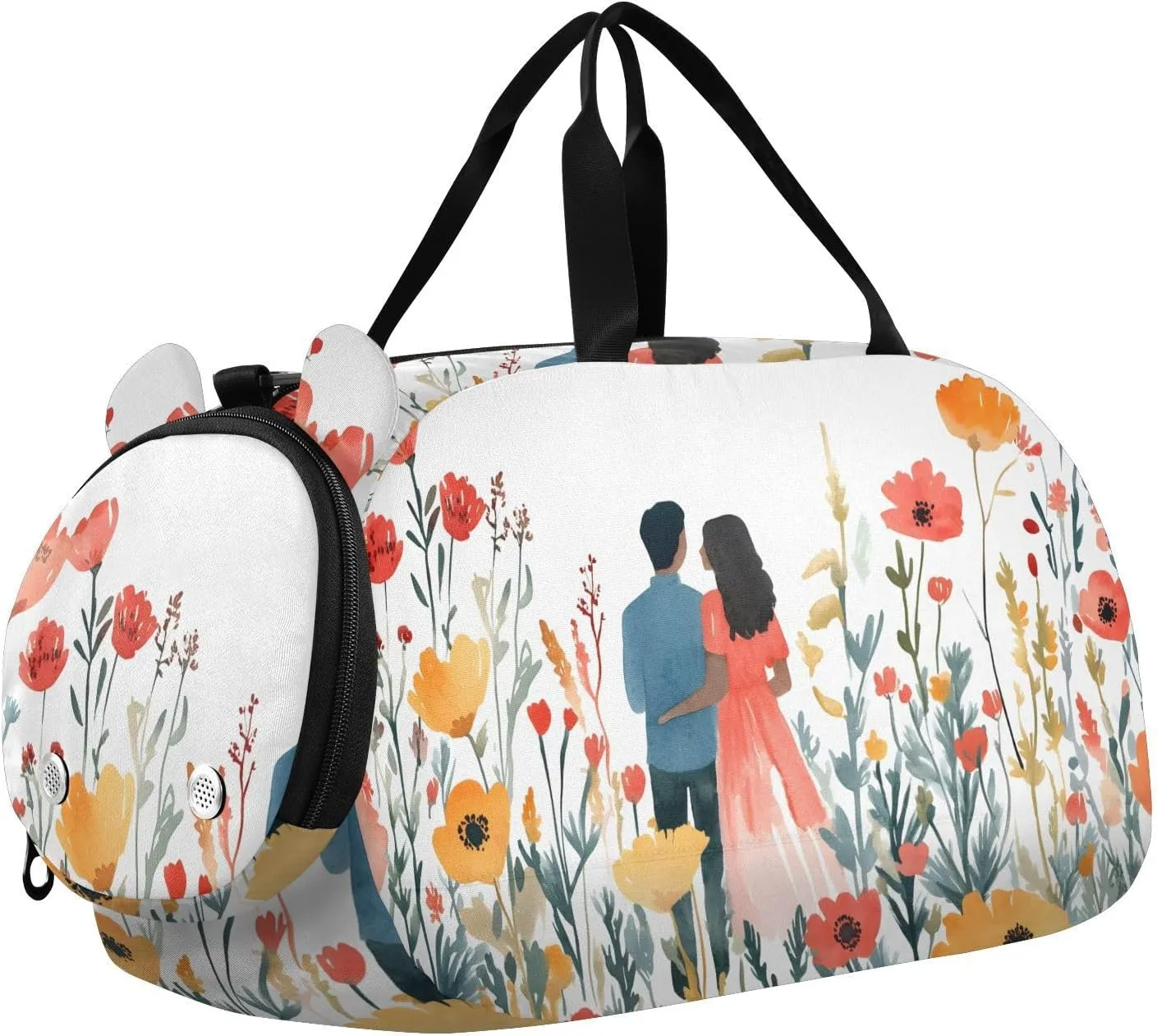 Couple in Flower Field Youth Sports Duffel Bag with Ventilated Shoe Compartment|All-Season Lightweight Travel Gym Bag for Girls & Boys|Water-Resistant Gear Bag