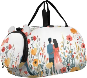 Couple in Flower Field Youth Sports Duffel Bag with Ventilated Shoe Compartment|All-Season Lightweight Travel Gym Bag for Girls & Boys|Water-Resistant Gear Bag
