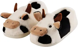 Cow Slides Slippers Unisex Adult Sandals Winter Indoor Outdoor Slippers，Cartoon Fluffy Cotton Non-Slip Slippers Cute Soft Plush Sandals